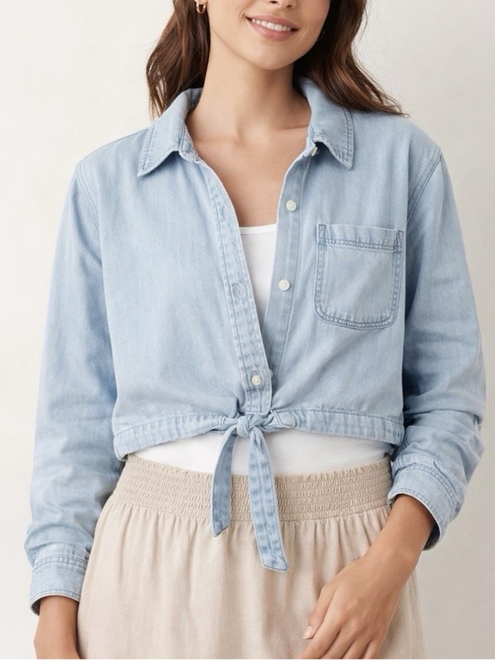 Universal Thread Light Blue Cropped Denim Tie-Front Shirt